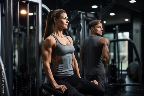 A man and a woman play sports in the gym with a personal trainer