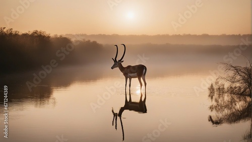gazelle drinking from a foggy and cloudy river at sunrise