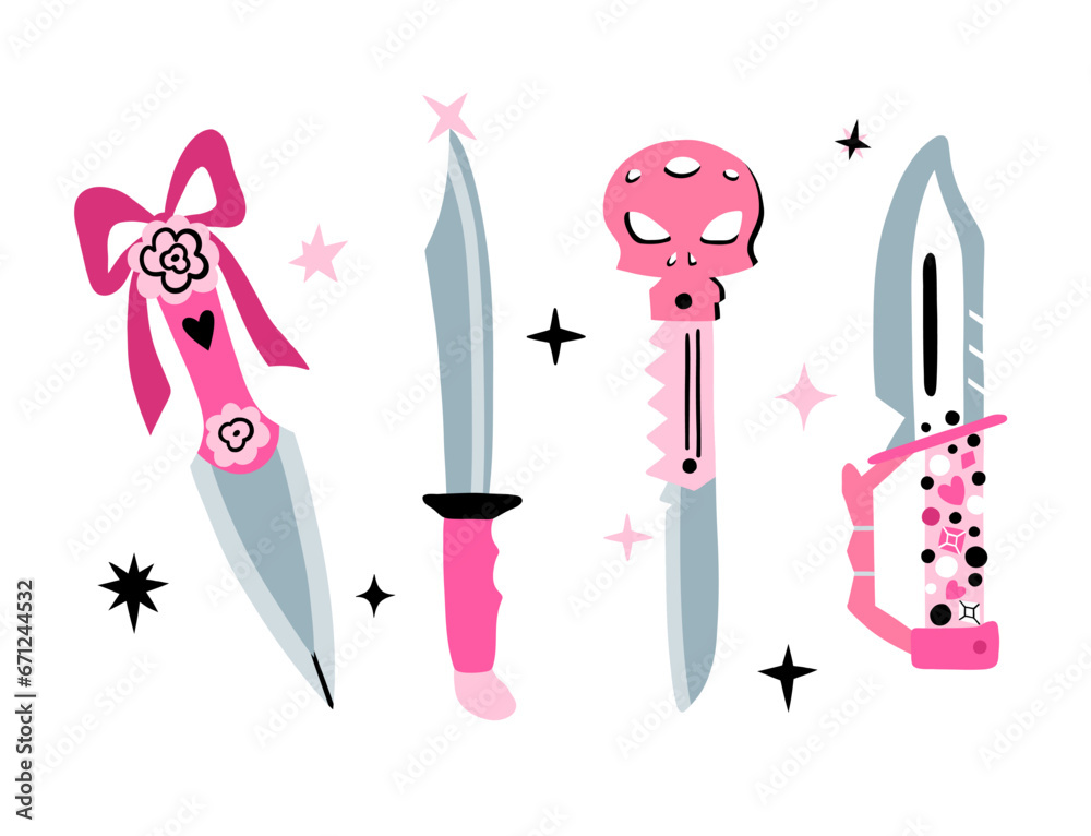 Pink Combat Knife Set. Collection of four knives with roses, rhinestones and precious stones in women’s style. Pink Combat Knife Set. Collection of four knives with roses, rhinestones and precious stones in women’s style.