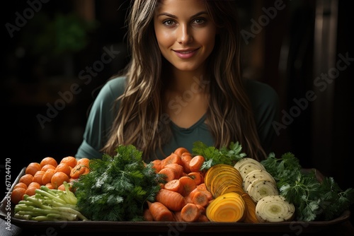 Portrait of a beautiful joyful woman surrounded by fresh juicy vegetables