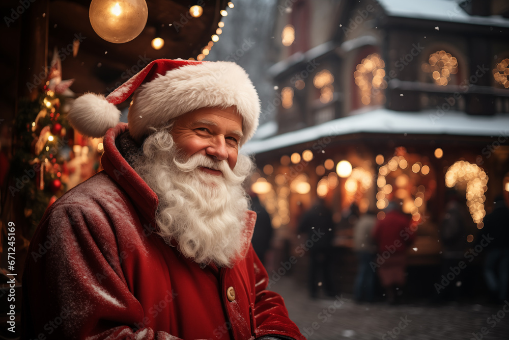 portrait of cheerful Santa Claus on Christmas market decorated with festive lights. Wishing you a merry Christmas