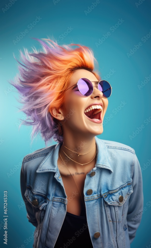 A girl with coloured hair and glasses laughing on a blue background