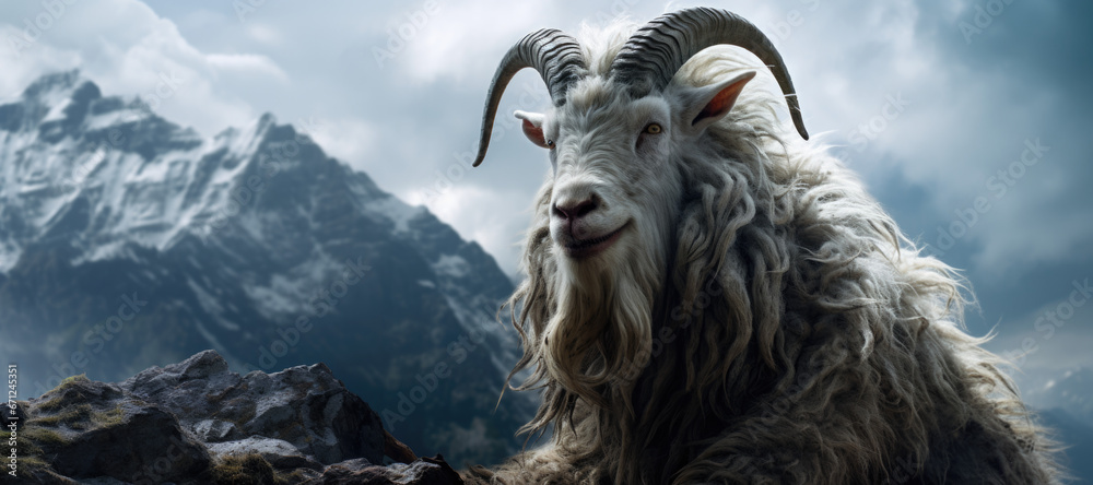 Mountain Goat Overlooking Snow-Capped Peaks Mountain Goat Overlooking Snow-Capped Peaks