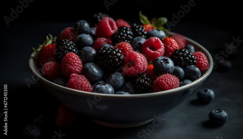 A gourmet summer dessert bowl with fresh organic berry fruits generated by AI