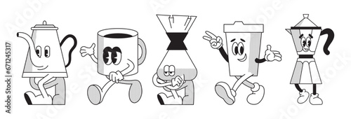 Set of retro cartoon funny characters mascot style. Vintage drink illustration. Latte, cappuccino, coffee cup, fresh juice mascot. Nostalgia 60, 70s, 80s. Print for cafe. Vector isolated on background