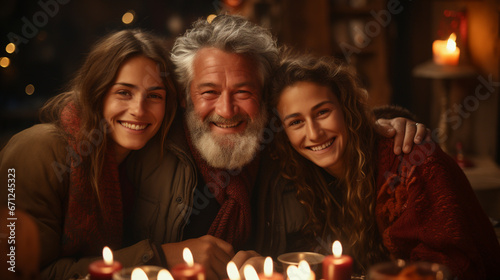 80 year old happy old man celebrating Christmas in a pub with his daughters