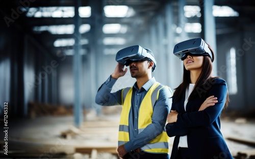 Man builder woman architect looking virtual goggles at the future construction of a future house