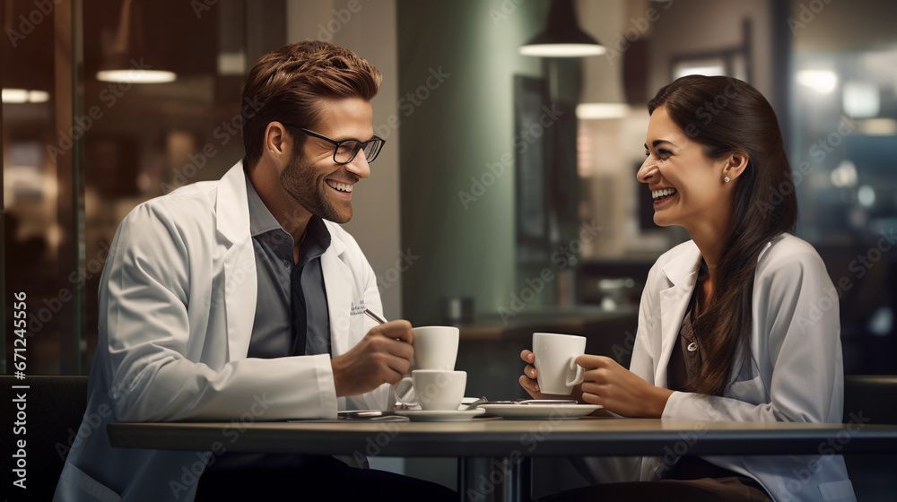 Medical professionals drinking coffee in lunch break. Friendly colleagues enjoying time after work.