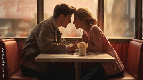 Couple having a romantic date and meal in vintage cafe. Teenagers almost kissing, holding hands close. Beautiful relationship. First love.
