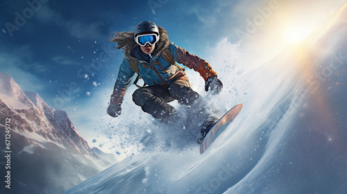 Snowboarder snowboarding in the mountains.