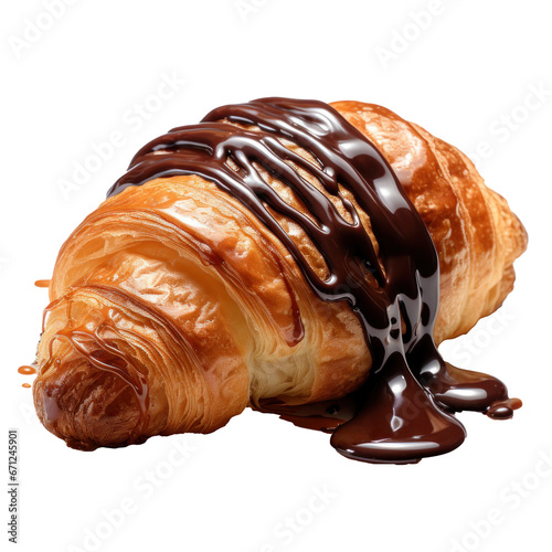 a croissant drizzled with chocolate syrup isolated