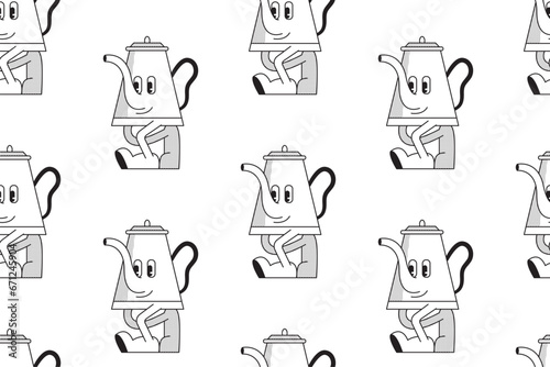 Seamless pattern with retro cartoon kettle character goes happy. Mascot design outline. Cafe store of dishes concept. Vintage drink illustration. Vector illustration isolated on white background
