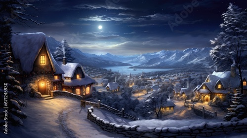  a painting of a snowy night with a cabin in the foreground and a full moon in the sky above.  generative ai © Anna