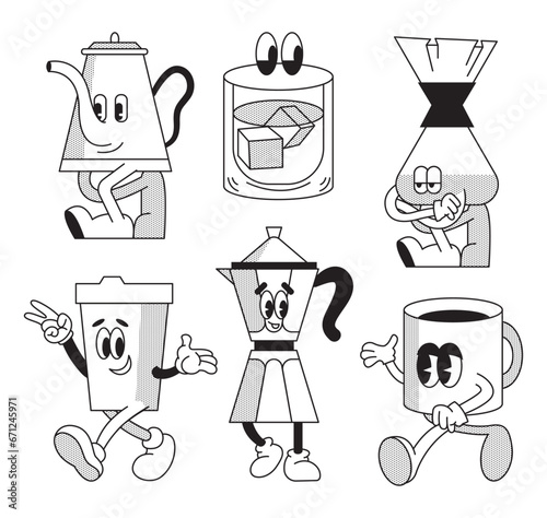 Set of retro cartoon funny characters mascot style. Vintage drink illustration. Latte, cappuccino, coffee cup, fresh juice mascot. Nostalgia 60, 70s, 80s. Print for cafe. Vector isolated on background