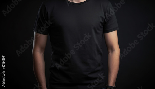 A muscular man in black jeans and t shirt stands confidently generated by AI