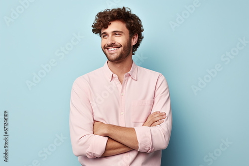 Content Male Freelancer Holding Digital Tablet, Pastel Background