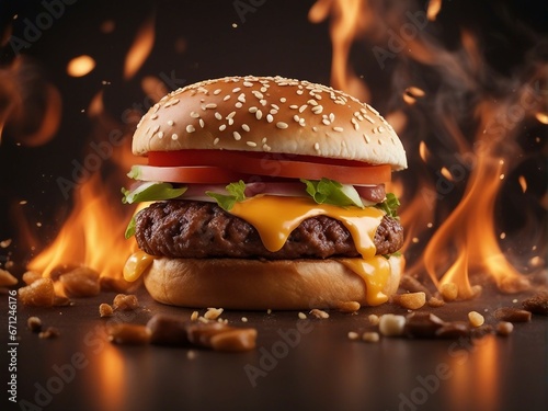 delicious cheeseburgers and barbecue flames in the background, blurred background.
