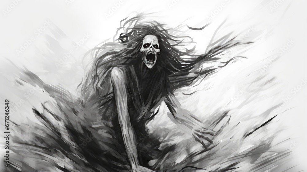 Fototapeta premium A black and white horror-themed drawing. A terrifying image of an evil creature.