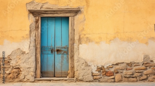 The dilapidated wall of the building and the wooden door require major repairs. Facade of a house with damaged plaster. Photophone for retro shooting. Illustration for cover, card, interior design. © Login