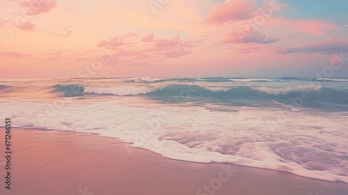 Splashing blue water ocean waves reach sandy beach. Nature background. Modern screen design. Illustration for cover, card, postcard, banner, poster, brochure or presentation. © Login