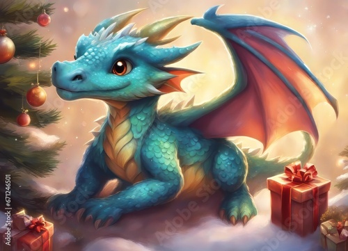 A hyper realistic cute cartoon dragon creature dressed for Christmas.Happy New Year 2024 © Лена Шевчук
