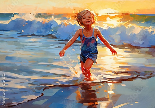 A happy child playing in the sea at sunset. Summer vacation and the concept of healthy lifestyle. Illustration for cover, card, postcard, interior design, decor or print. © Login