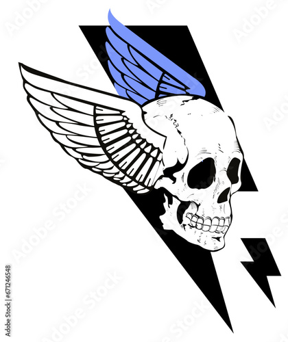 Design for a winged skull t-shirt next to the symbol of thunder. Satanic tattoo.