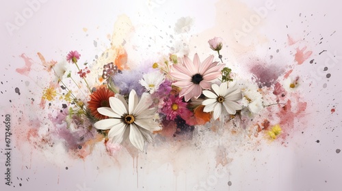 Abstract floral bouquet with smudged effect. Flowers are painted in watercolor. Summer flowers. Floral abstract background. Illustration for cover, card, postcard, interior design, etc.