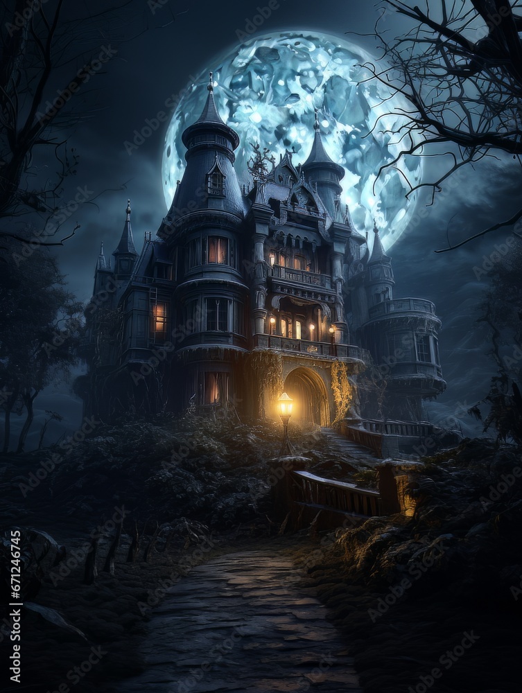 Fairytale haunted house on hill on night with full moon. AI Fairytale haunted house on hill on night with full moon. AI