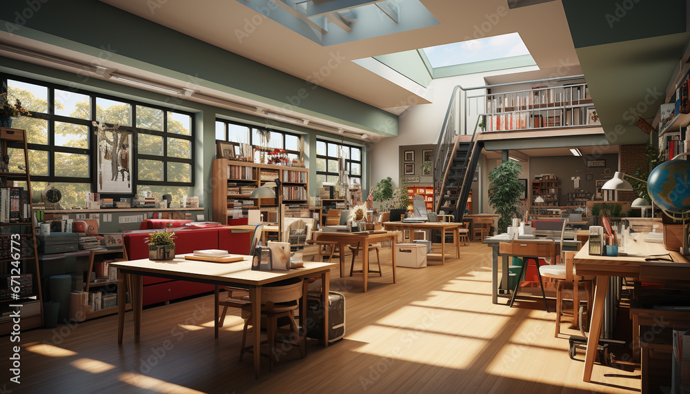 Comfortable modern home interior with a bookshelf and wooden desk generated by AI Comfortable modern home interior with a bookshelf and wooden desk generated by AI