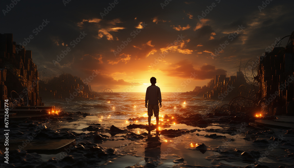 Fototapeta premium Silhouette of adults standing, reflecting on tranquil sunset over cityscape generated by AI