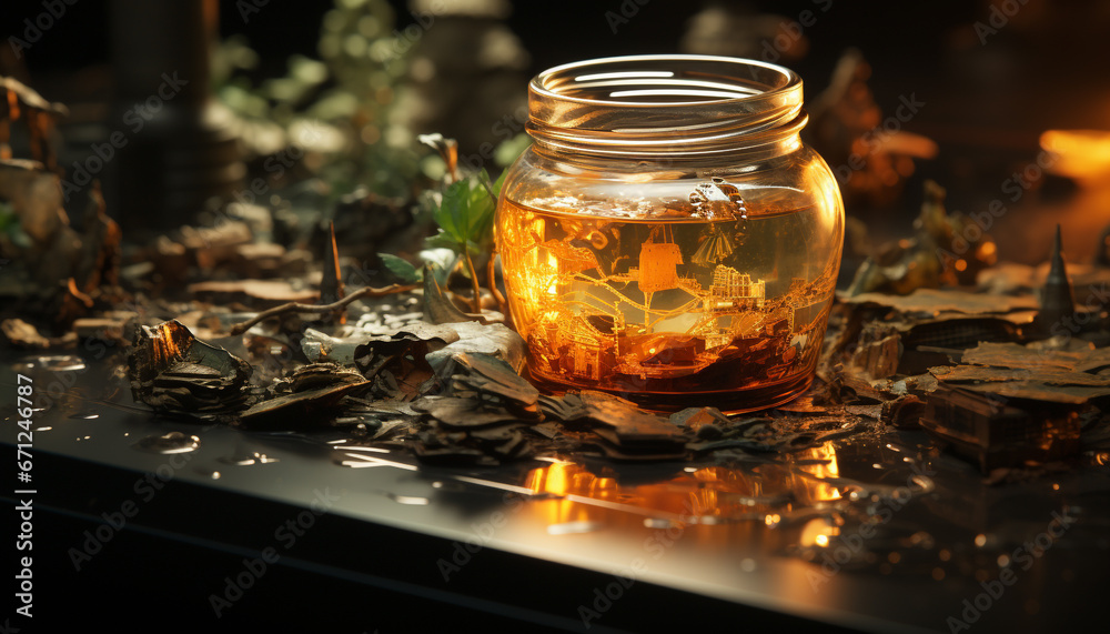 Fototapeta premium Nature flame glows in the dark, a rustic autumn celebration generated by AI