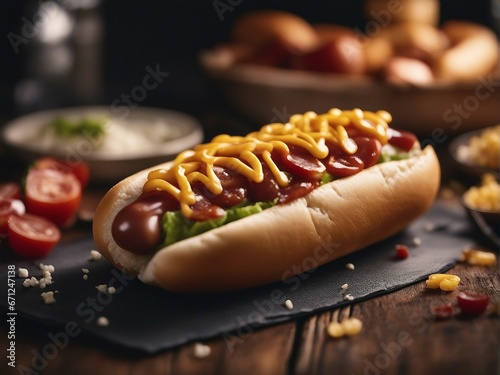  hot dog at fast food restaurant, food court, street restaurant. isolated blurry background