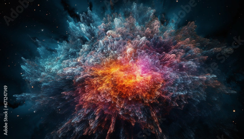 A glowing supernova explodes in a multi colored nebula backdrop generated by AI