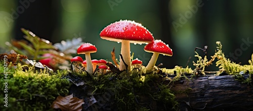 A red mushroom known as Amanita muscaria growing within tree bark