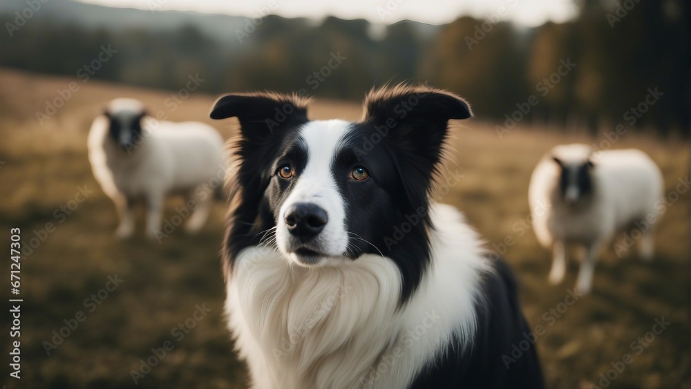 happy and smiling border collie sheepdog inside the sheeps blurred in the background
