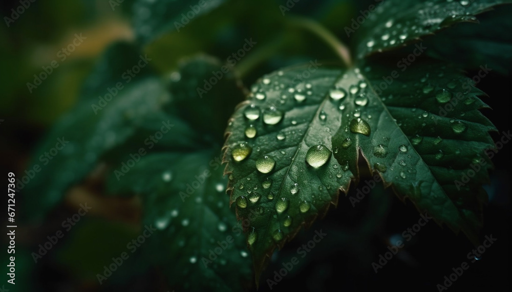 Fresh green leaf with dew drop reflects vibrant beauty in nature generated by AI Fresh green leaf with dew drop reflects vibrant beauty in nature generated by AI