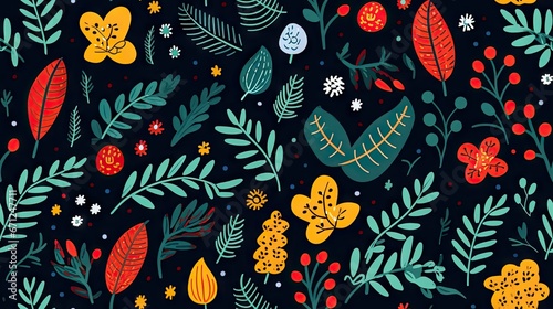  a pattern of leaves and berries on a black background with red, yellow, green, blue, and orange colors. generative ai