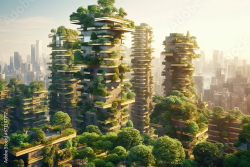 Towering Skyscrapers Embraced by Nature's Canopy photo