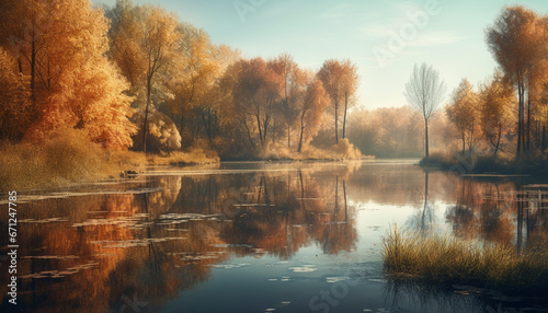 The vibrant autumn tree reflects in tranquil water, a serene scene generated by AI