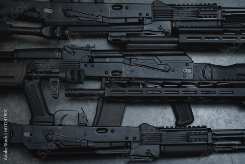 Photo texture, background. Firearms, AK and AR assault rifles.