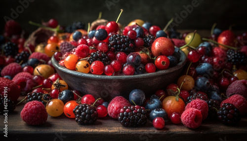 A rustic bowl of juicy  multi colored berry fruits for dessert generated by AI