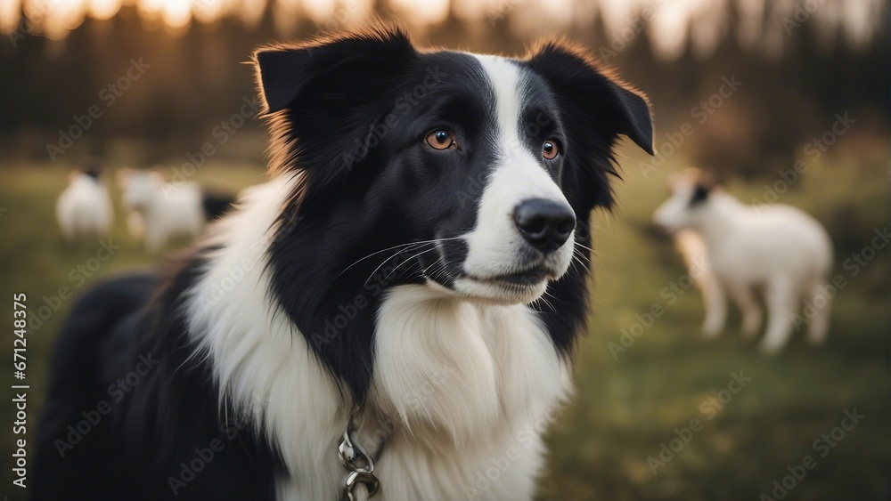 happy and smiling border collie sheepdog inside the sheeps blurred in the background
