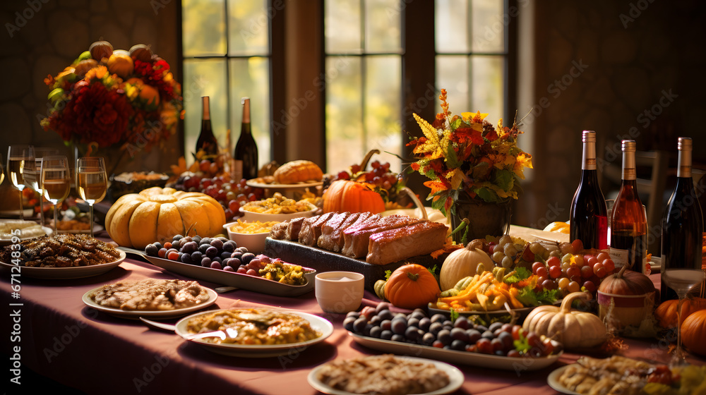 Big table decorated for Thanksgiving,  Holiday Food with the favorite Holiday Thanksgiving favorites