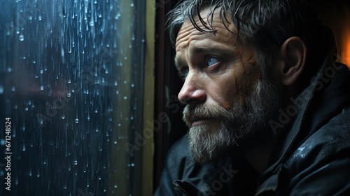 A forlorn person sitting by a rainy window on 