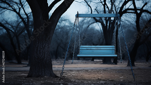 An empty swing in a park, swaying gently on "Blue Monday"