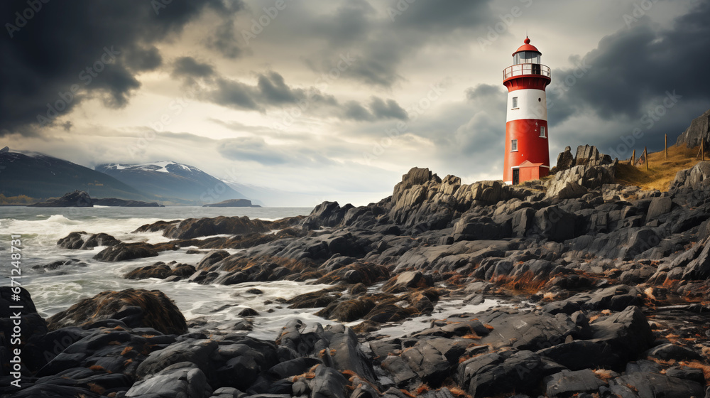 A lighthouse by the sea on a cloudy "Blue Monday" - obrazy, fototapety, plakaty 