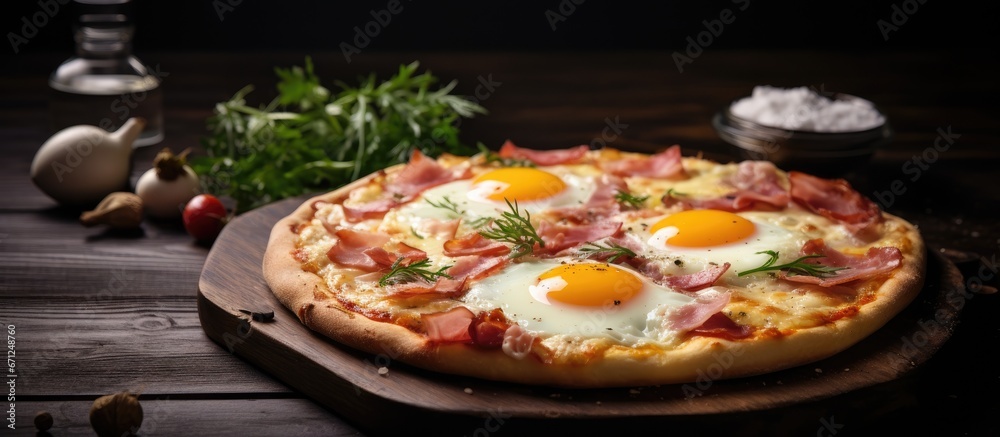 A mouthwatering pizza with savory ham flavorful onions and perfectly fried eggs situated in the center complemented by a backdrop of a dark wooden table in a subtly lit setting