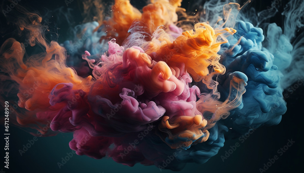 Abstract ink explosion creates vibrant underwater fantasy with smooth curves generated by AI