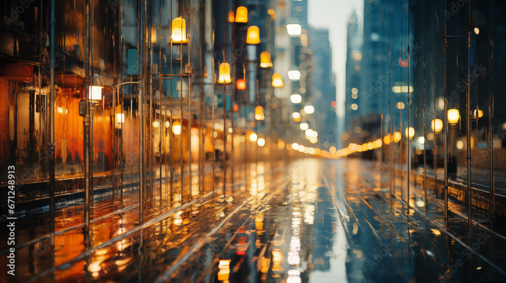 A blurred cityscape with rain-slicked streets on 